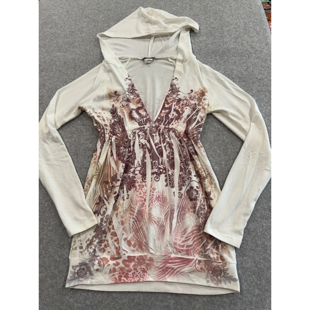 Y2K Sylvie & Mado Valley California Hooded Tunic Top Graphic Print Pointelle L